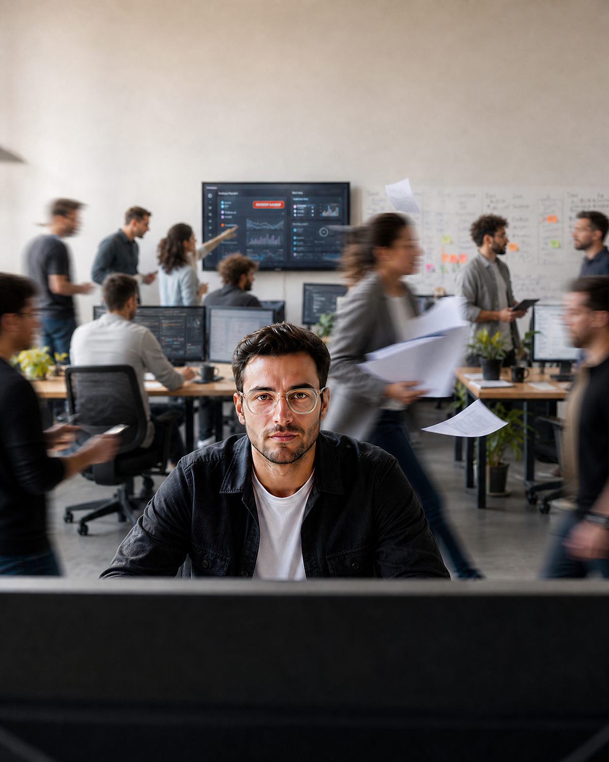 Software engineer sits calm at his desk while coworkers rush around a busy office