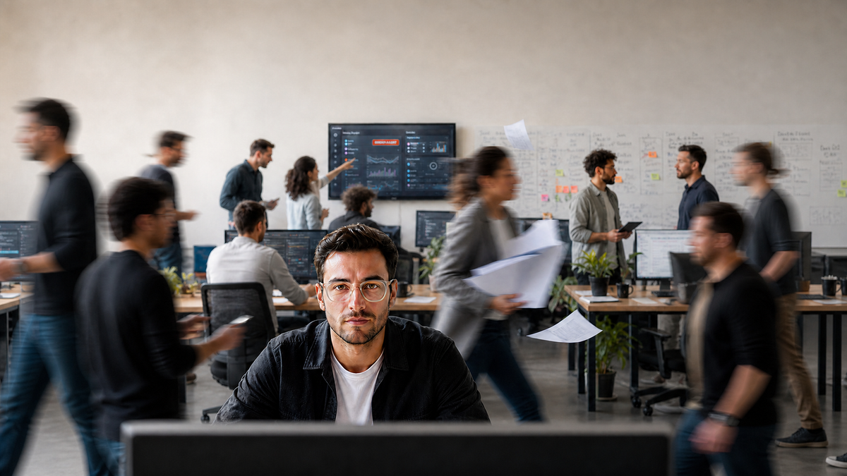 Software engineer sits calm at his desk while coworkers rush around a busy office