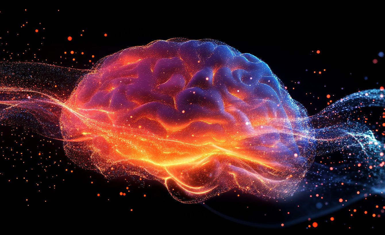 A brain with abstract waves passing though it