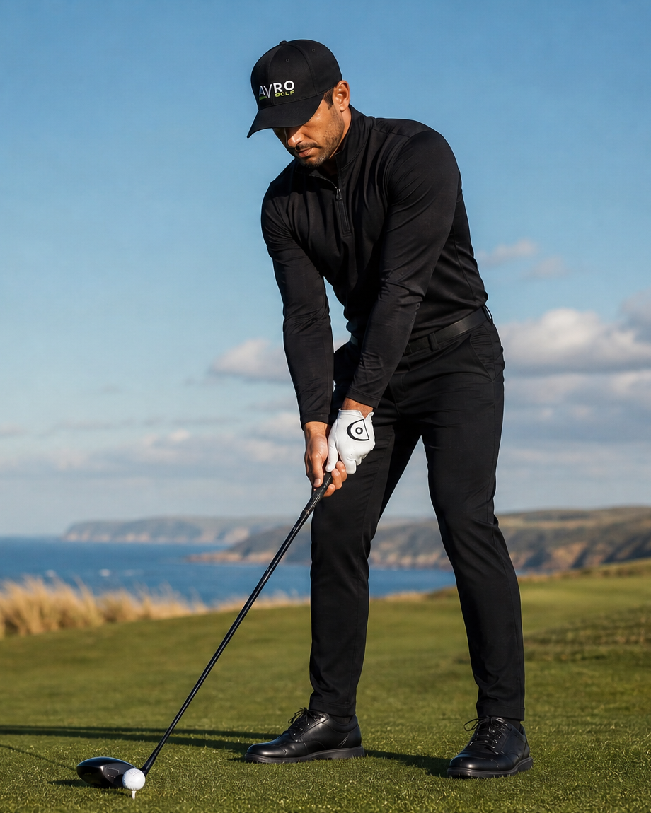 Golfer addressing the ball with a driver on a clifftop tee