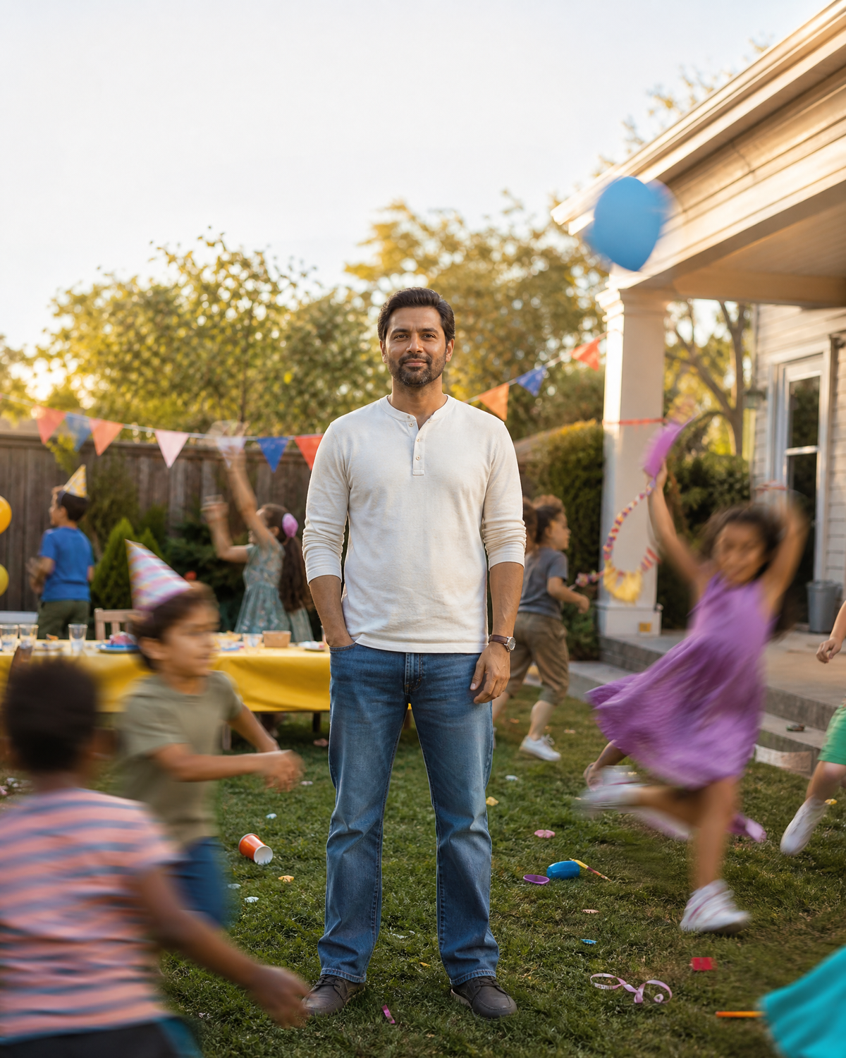Dad stands calm in the backyard while kids run wild at a birthday party
