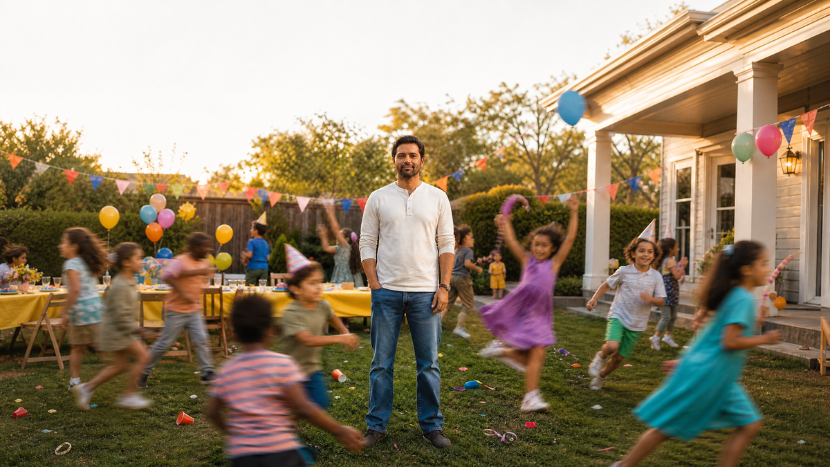 Dad stands calm in the backyard while kids run wild at a birthday party