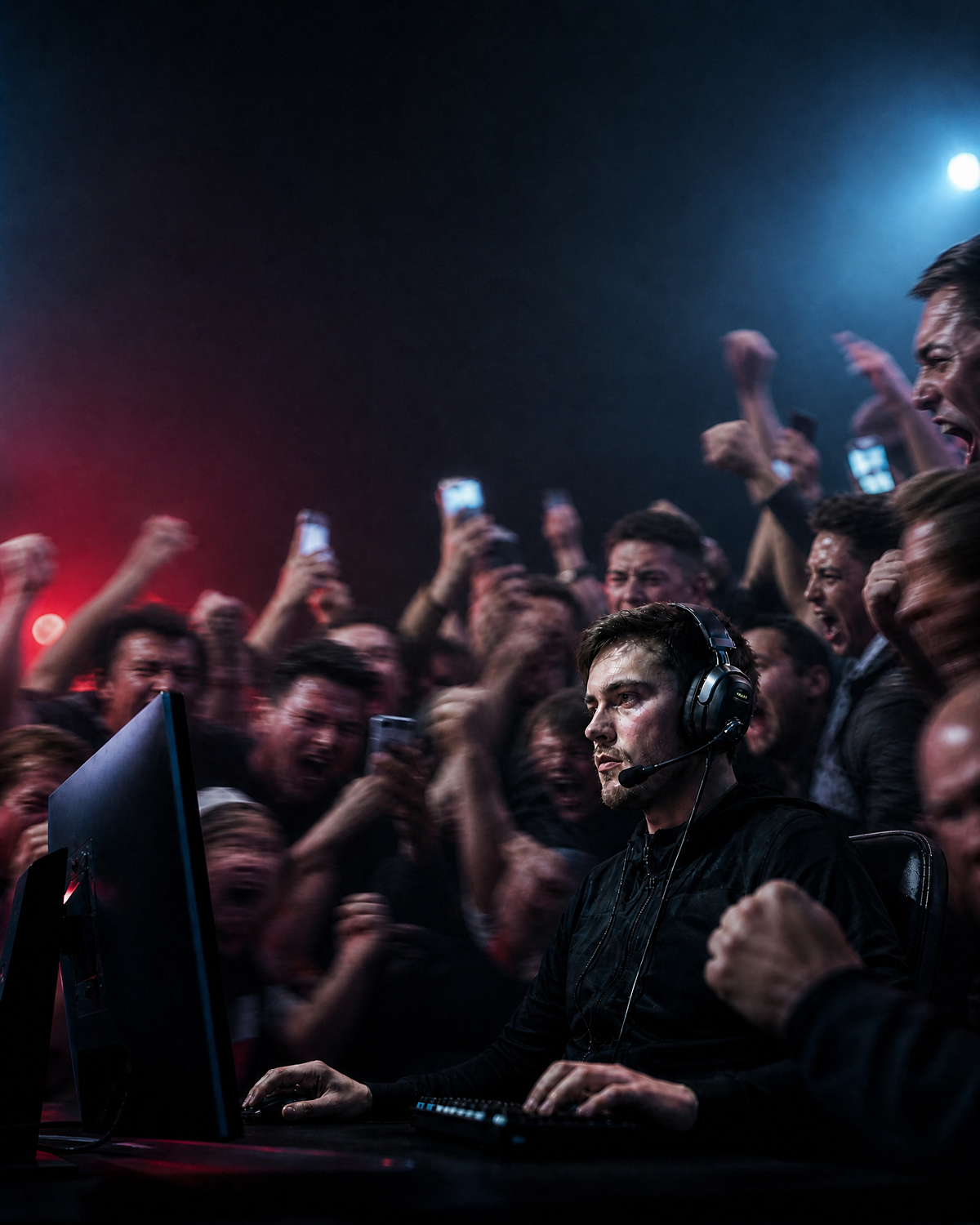Esports player in a headset stays focused while the crowd behind him erupts