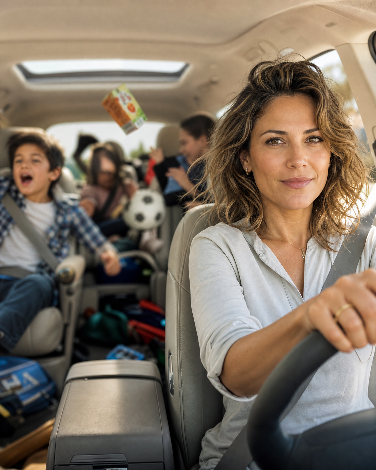 Mom drives calmly while the kids get loud in the back of the minivan