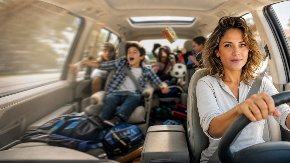 Mom drives calmly while the kids get loud in the back of the minivan