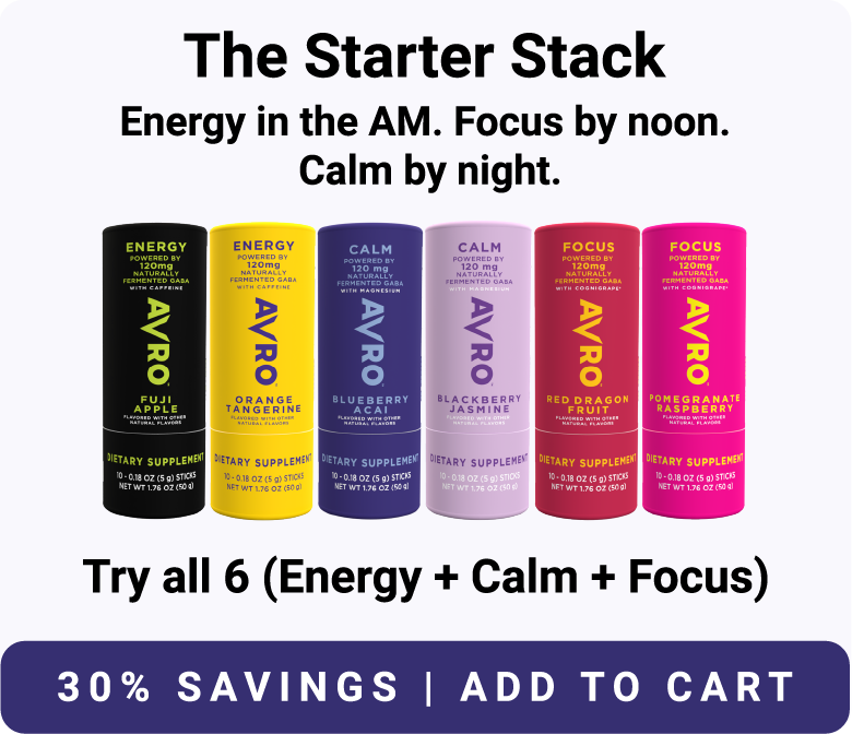 The AVRO 6 bottle line-up  starter stack. Try all 6 (Energy + Calm + Focus) 30% off